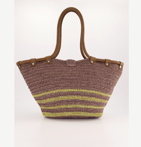Nancybird woven straw tote bag in a dusty mauve-brown color with horizontal lime green stripes near the bottom, featuring brown faux-leather handles and trim with silver rivets, set against a plain white background.
