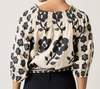 Back view of the Nancybird Maha shirred floral blouse on model