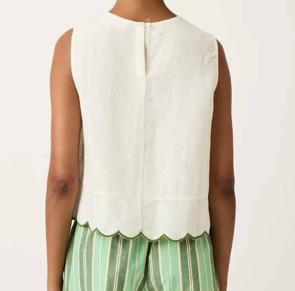 Back view of the Nancybird Moa white sleeveless tank top with scalloped hem