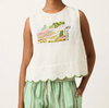 Nancybird Moa white sleeveless top with stamp print, worn with green striped pants