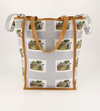 Nancybird stamp tote bag in pale blue with postage stamp print and tan handles