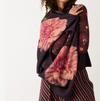 Nancybird wool scarf shawl in dahlia print, pink flowers on dark plum, worn