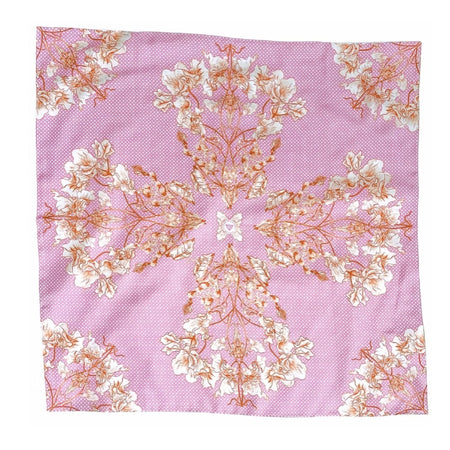 Oliver Wilkinson Dancers silk scarf in pink, symmetrical illustrated print, laid flat