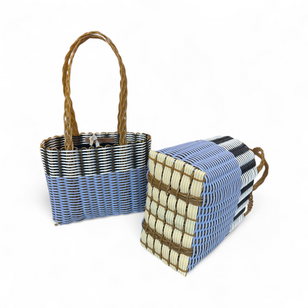 Palorosa handwoven two tone market basket, extra small, in blue, lilac and tobacco