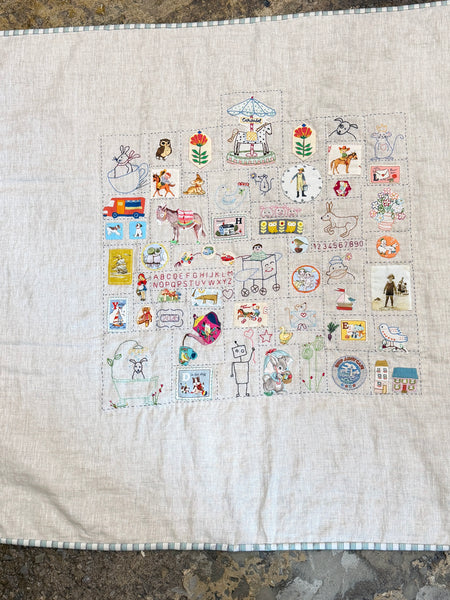 Rebecca Manning hand stitched baby quilt in linen and cotton, alternate view