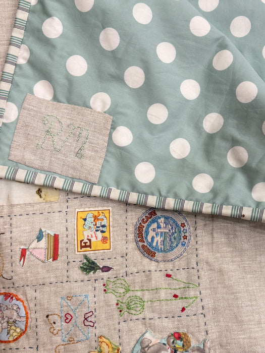 Rebecca Manning hand stitched baby quilt in linen and cotton, alternate view