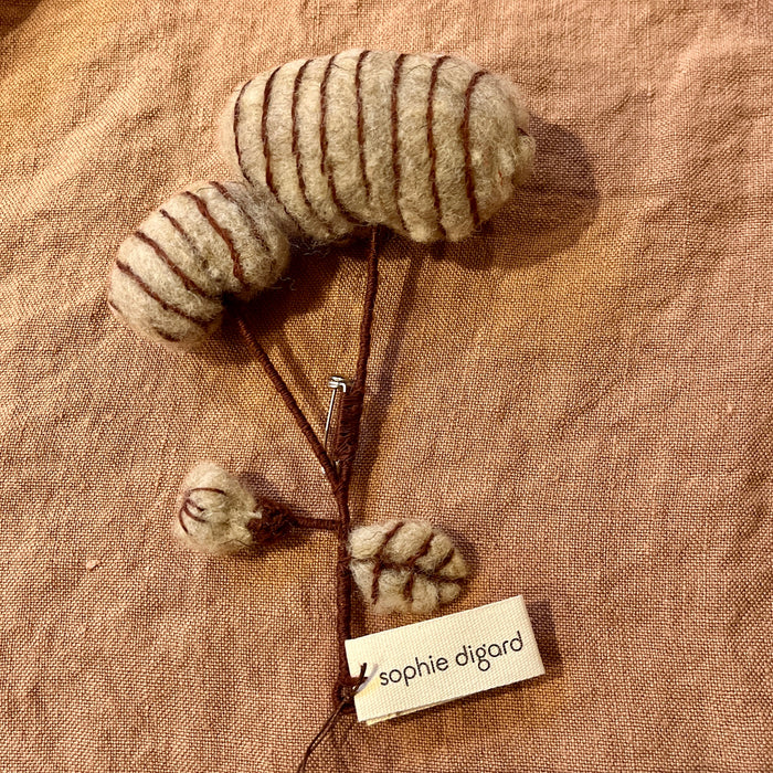 Sophie Digard carded wool brooch with striped oatmeal leaves and buds