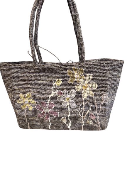 Sophie Digard floral crocheted raffia tote bag in brown with pale flower pattern