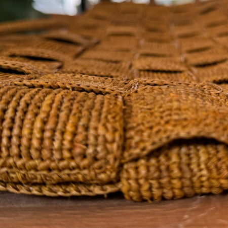 Close-up of the basket-weave pattern on the Sophie Digard mustard raffia tote