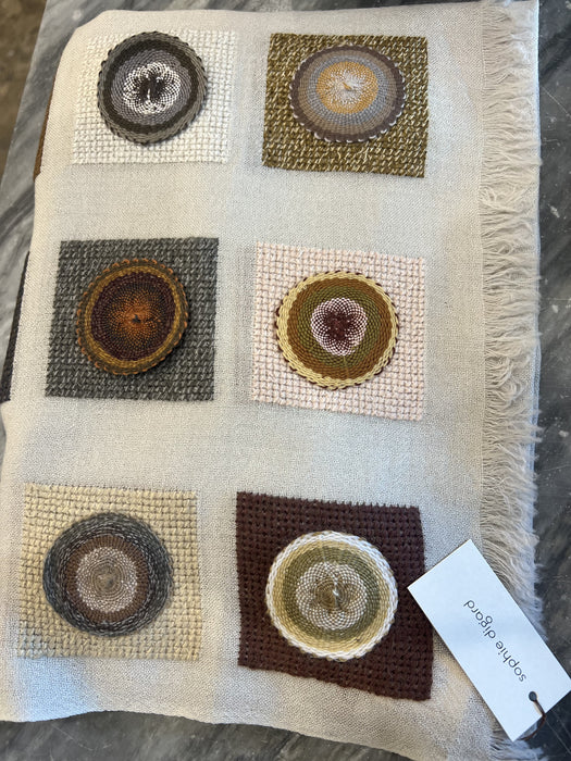 Sophie Digard Pietra embroidered stole in cream with crocheted circle patches