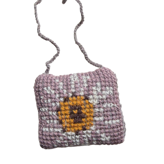 Sophie Digard tapestry crocheted pouch necklace in mauve with mustard flower