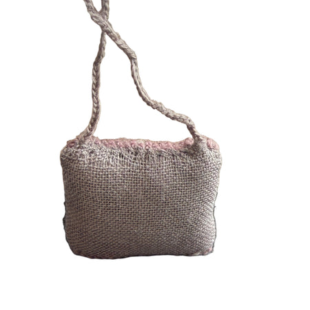 Sophie Digard tapestry crocheted pouch necklace in plain taupe on a braided cord