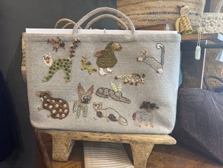 Sophie Digard woollen tote bag in pale grey with appliqued animals