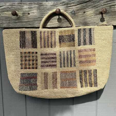 Sophie Digard XL raffia basket bag in natural with woven check and stripe panels