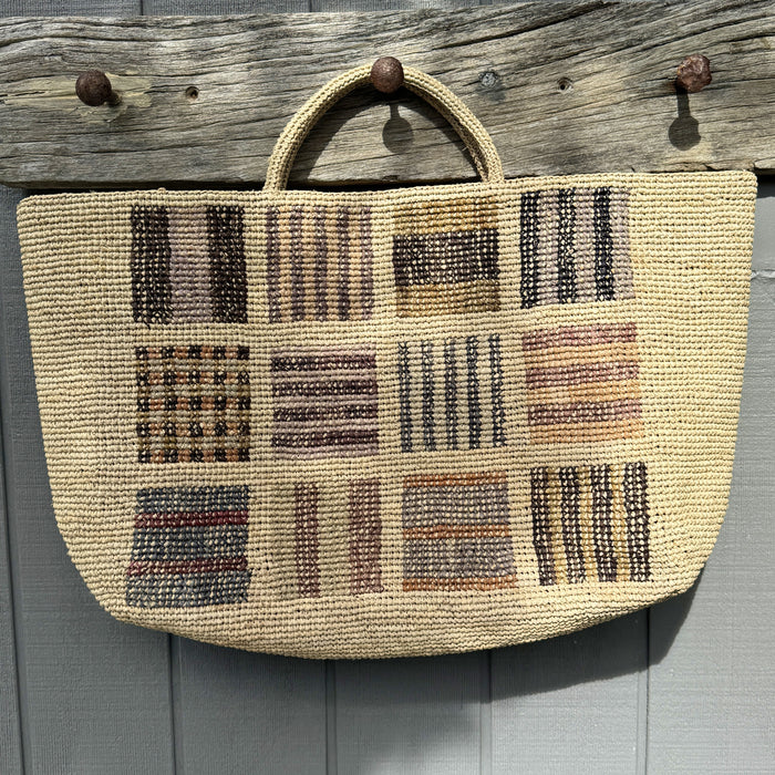 Sophie Digard XL raffia basket bag in natural with woven check and stripe panels