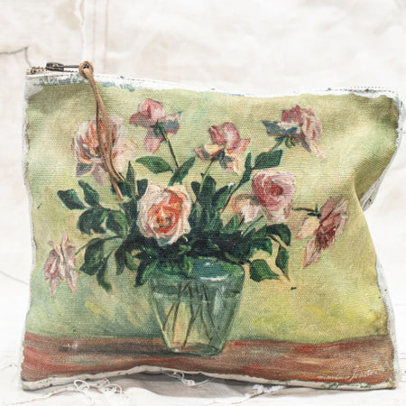 Swarm canvas zip clutch in Blush Rose, vintage painting of pink roses in a glass vase