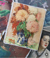Swarm canvas zip clutch, vintage painting of chrysanthemums in a blue and white vase