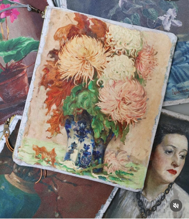 Swarm canvas zip clutch, vintage painting of chrysanthemums in a blue and white vase