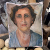 Swarm canvas zip clutch in Cora, vintage portrait painting of a woman with short curled hair