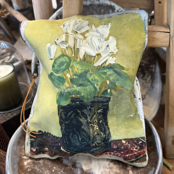 Swarm canvas zip clutch in Cyclamen, vintage painting of white cyclamen in a dark pot