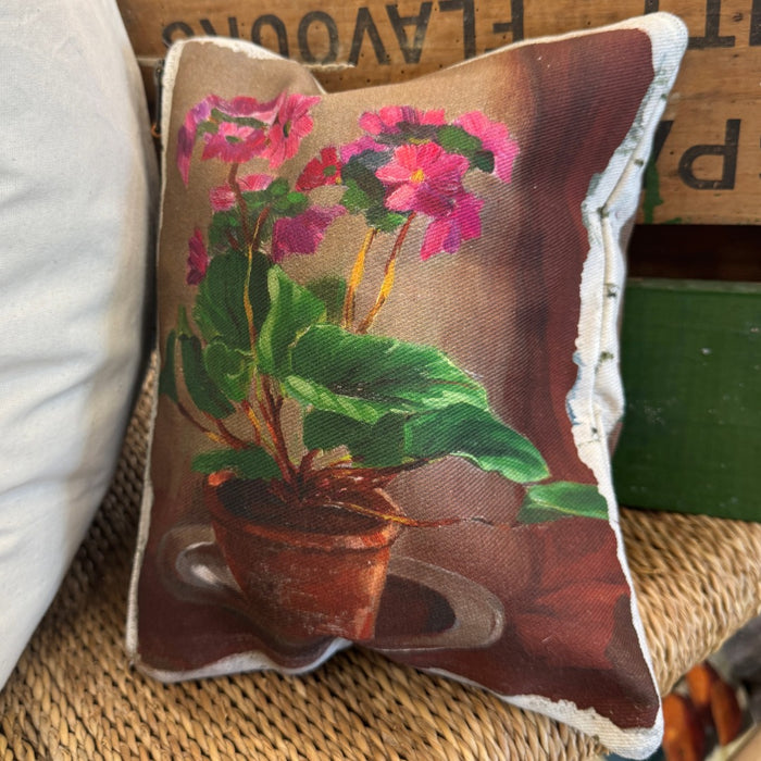 Swarm canvas zip clutch in Geranium, vintage painting of a pink geranium in a terracotta pot
