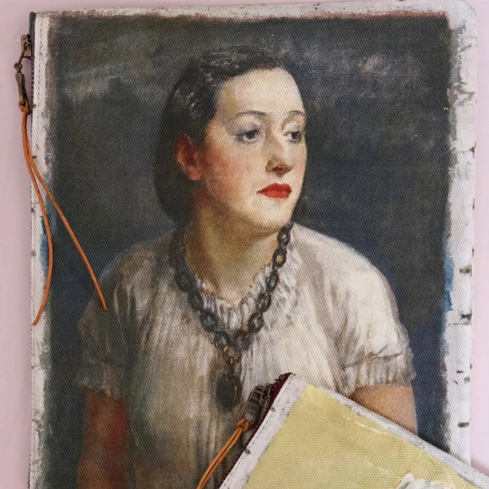 Swarm canvas zip clutch in Isabelle, vintage portrait painting of a woman wearing a chain necklace