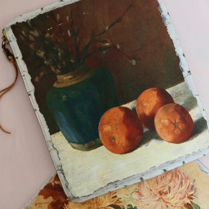 Swarm canvas zip clutch, vintage still life of oranges and a green vase