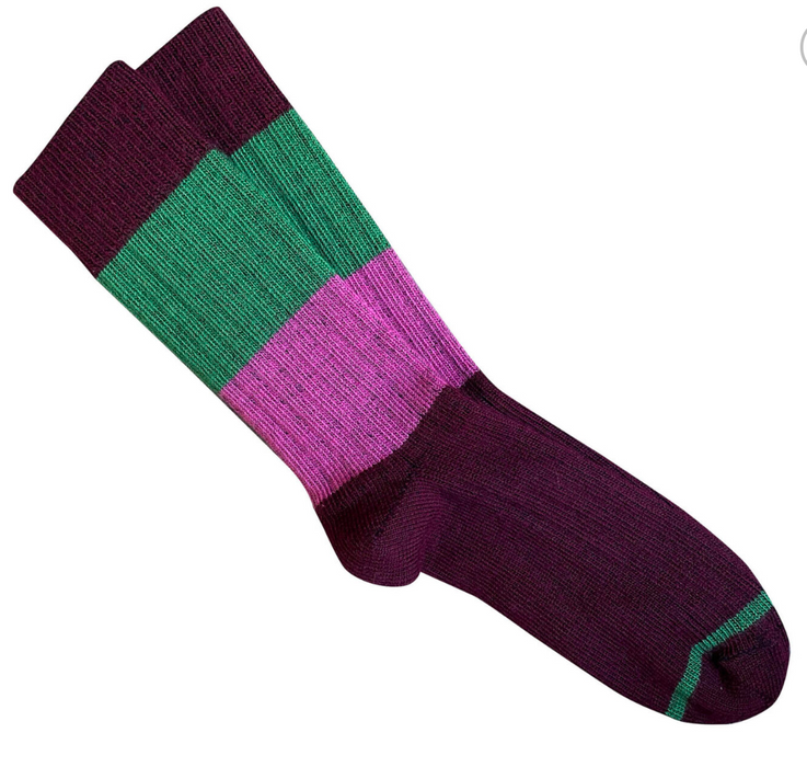 Tightology chunky rib wool socks in burgundy stripe