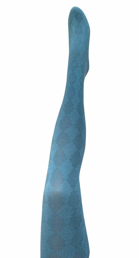 Tightology Pine organic cotton tights in blue with tonal diamond pattern