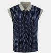 Traces of Me Anna sleeveless silk blouse in navy check with striped collar, front