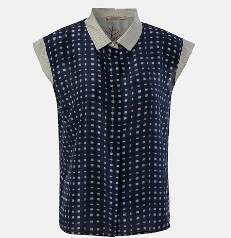 Traces of Me Anna sleeveless silk blouse in navy check with striped collar, front