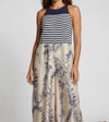 Traces of Me Poppy silk jumpsuit, navy stripe top and botanical print legs, worn