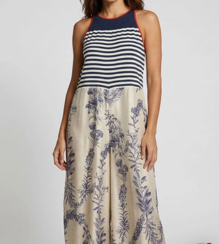Traces of Me Poppy silk jumpsuit, navy stripe top and botanical print legs, worn