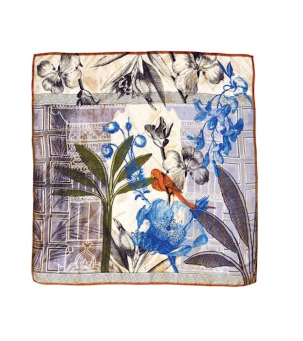 Traces of Me silk square scarf in a blue and grey botanical print