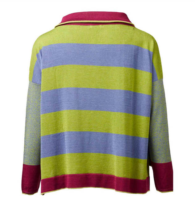 Traces of Me zip front cotton bolero cardigan in lime and lilac stripes, back view