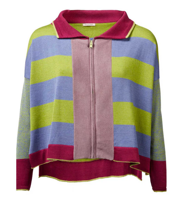 Traces of Me zip front cotton bolero cardigan in lime and lilac stripes, front view