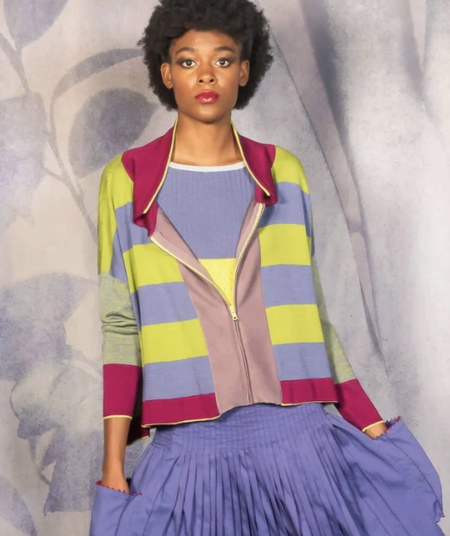 Traces of Me zip front cotton bolero cardigan in lime and lilac stripes, worn