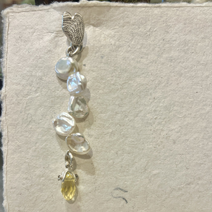 Silver and pearl drop earrings with yellow quartz