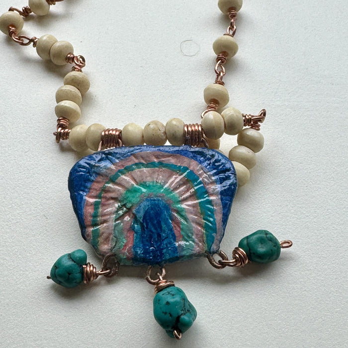 Vintage bead necklace in ivory & turquoise