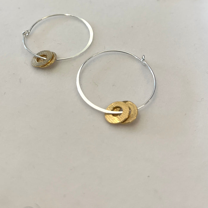 Silver hoops with gold disc charms