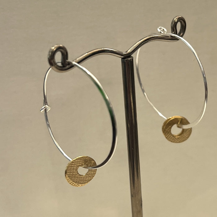 Silver hoops with gold disc charms