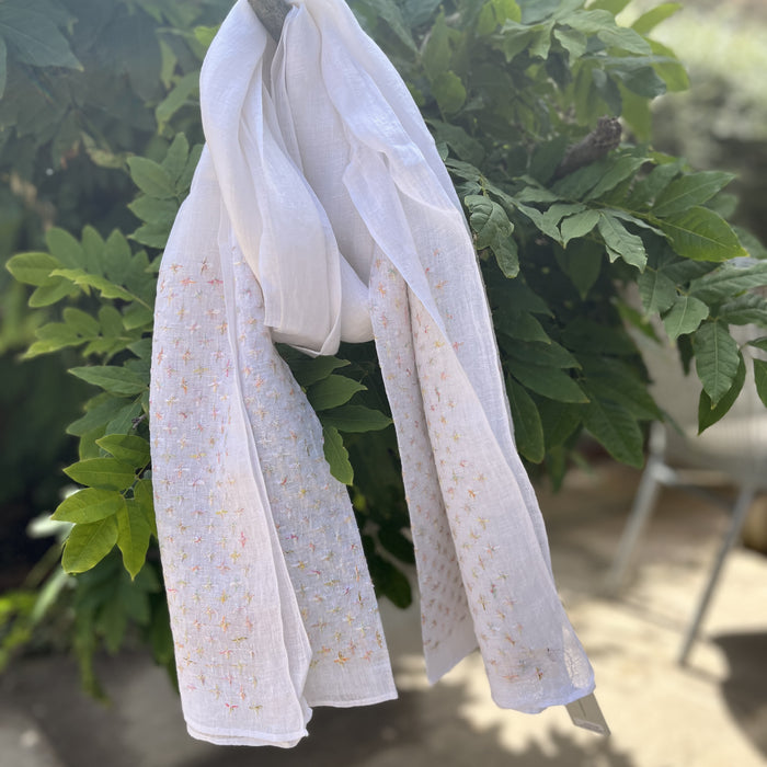 White linen half embroidered scarf