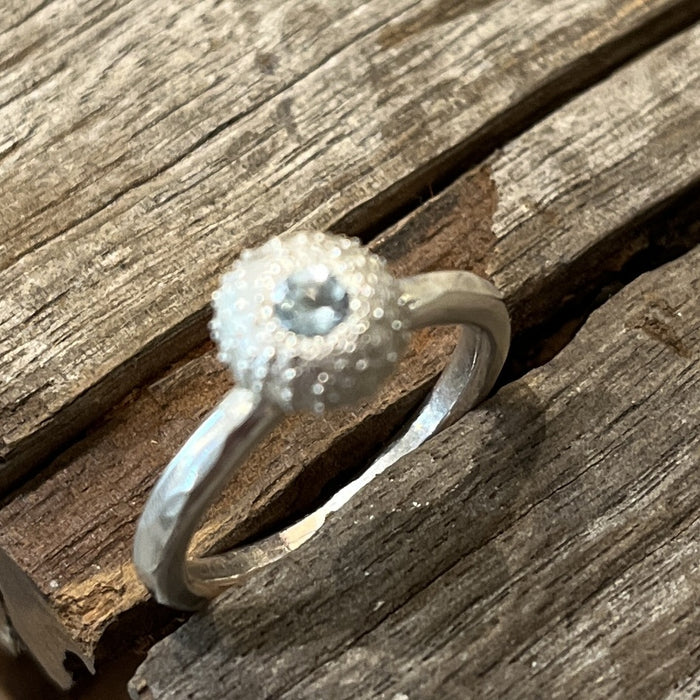Silver urchin ring with pale blue aquamarine