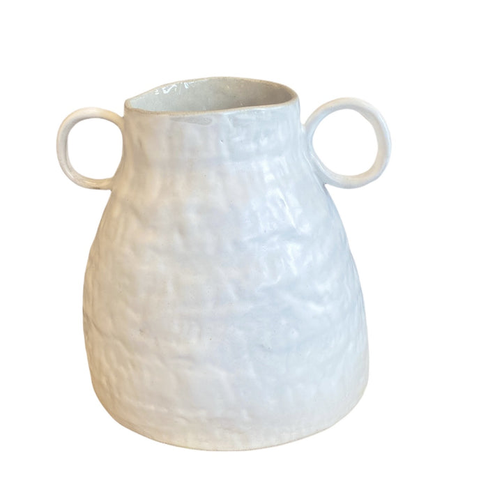Tall white two handled vase