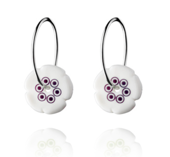 Porcelain flower  silver hoop earrings