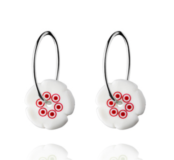 Porcelain flower  silver hoop earrings