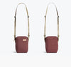 Bellroy City Pouch crossbody bag in plum with olive strap, front and back view