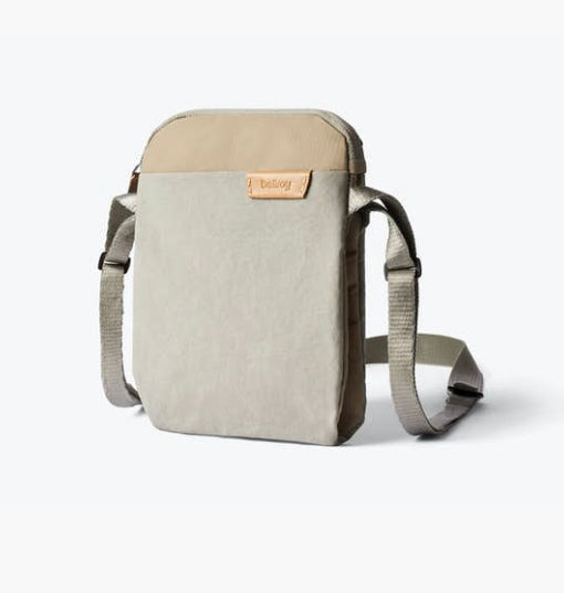 Bellroy City Pouch crossbody bag in saltbush with tan leather tab, front view