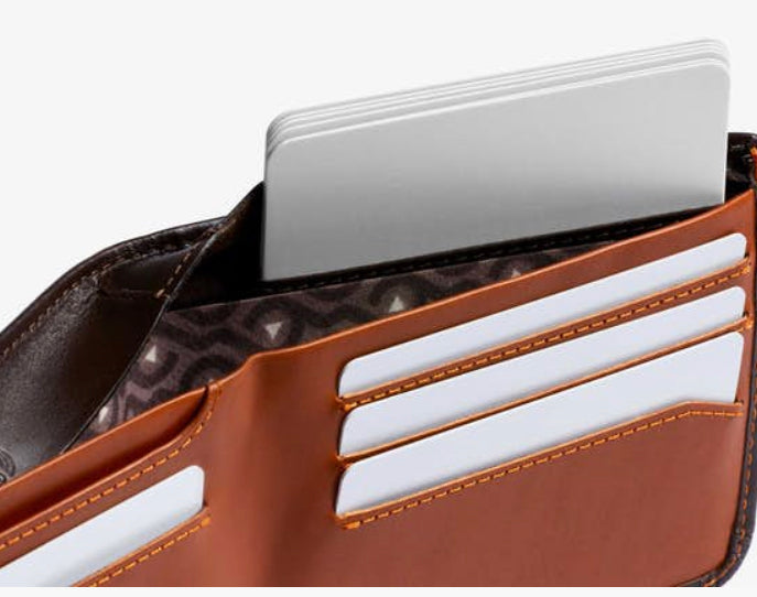Inside the Bellroy Hide & Seek leather wallet in java/toffee, showing card slots