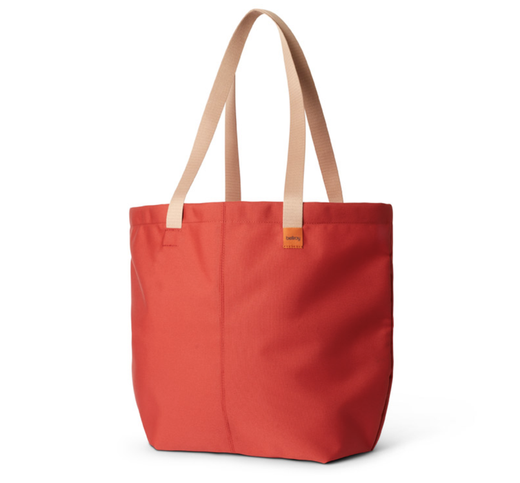 Bellroy Market Tote in red with tan handles, front view